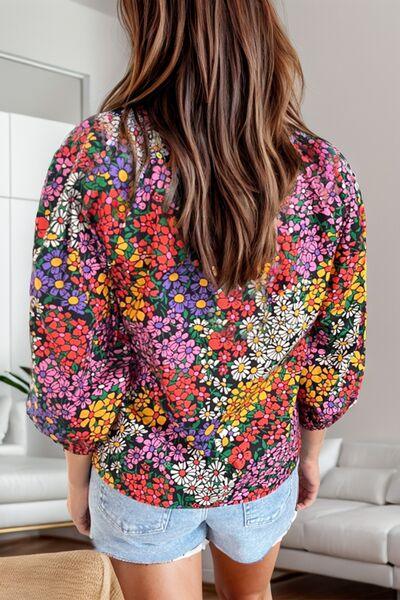 Floral Johnny Collar Balloon Sleeve Blouse - Immenzive