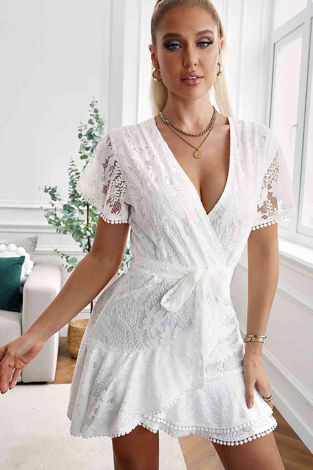 Floral Lace Pompom Detail Tie-Waist Flutter Sleeve Dress - Immenzive