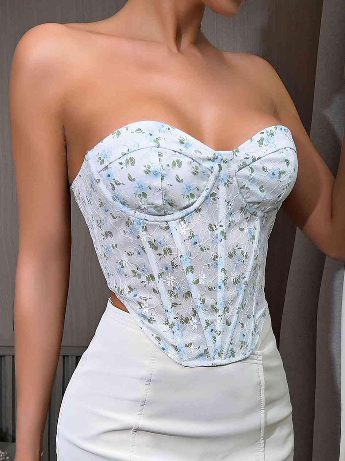 Floral Lace-Up Strapless Bustier - Immenzive