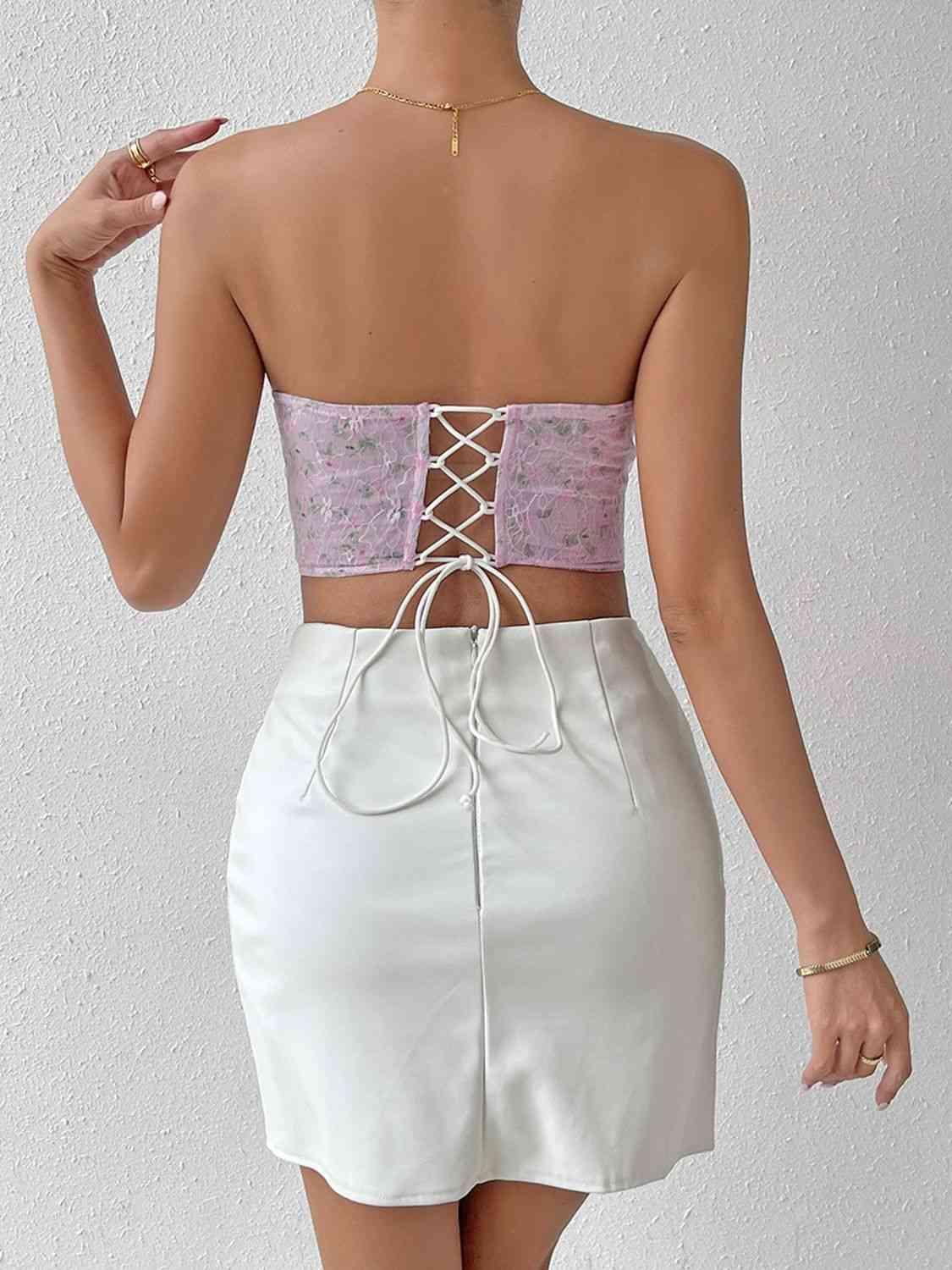 Floral Lace-Up Strapless Bustier - Immenzive