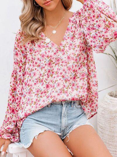 Floral Notched Balloon Sleeve Blouse - Immenzive