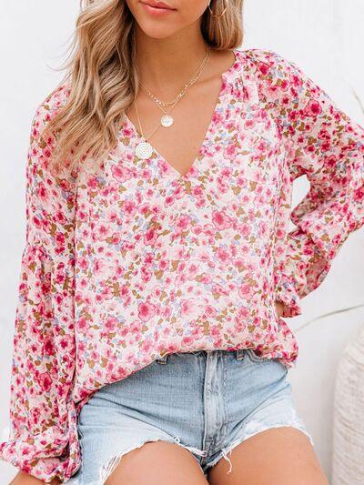 Floral Notched Balloon Sleeve Blouse - Immenzive