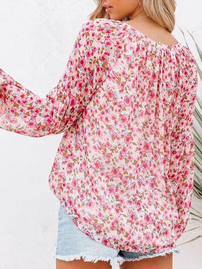 Floral Notched Balloon Sleeve Blouse - Immenzive