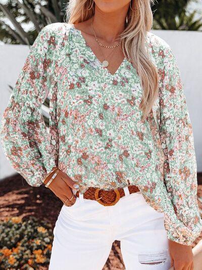 Floral Notched Balloon Sleeve Blouse - Immenzive