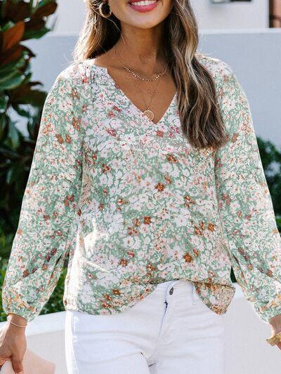 Floral Notched Balloon Sleeve Blouse - Immenzive