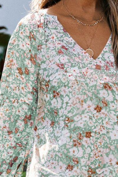 Floral Notched Balloon Sleeve Blouse - Immenzive