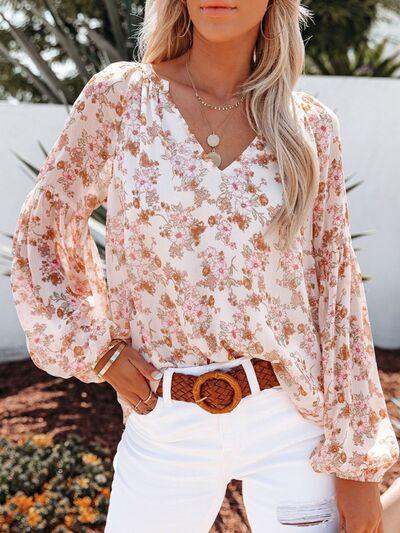 Floral Notched Balloon Sleeve Blouse - Immenzive