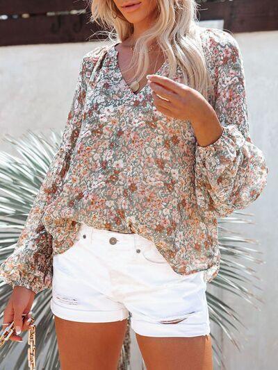 Floral Notched Balloon Sleeve Blouse - Immenzive