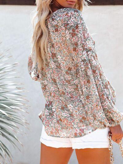 Floral Notched Balloon Sleeve Blouse - Immenzive