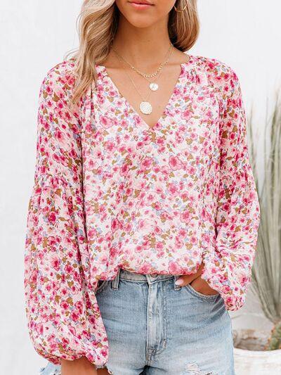 Floral Notched Balloon Sleeve Blouse - Immenzive