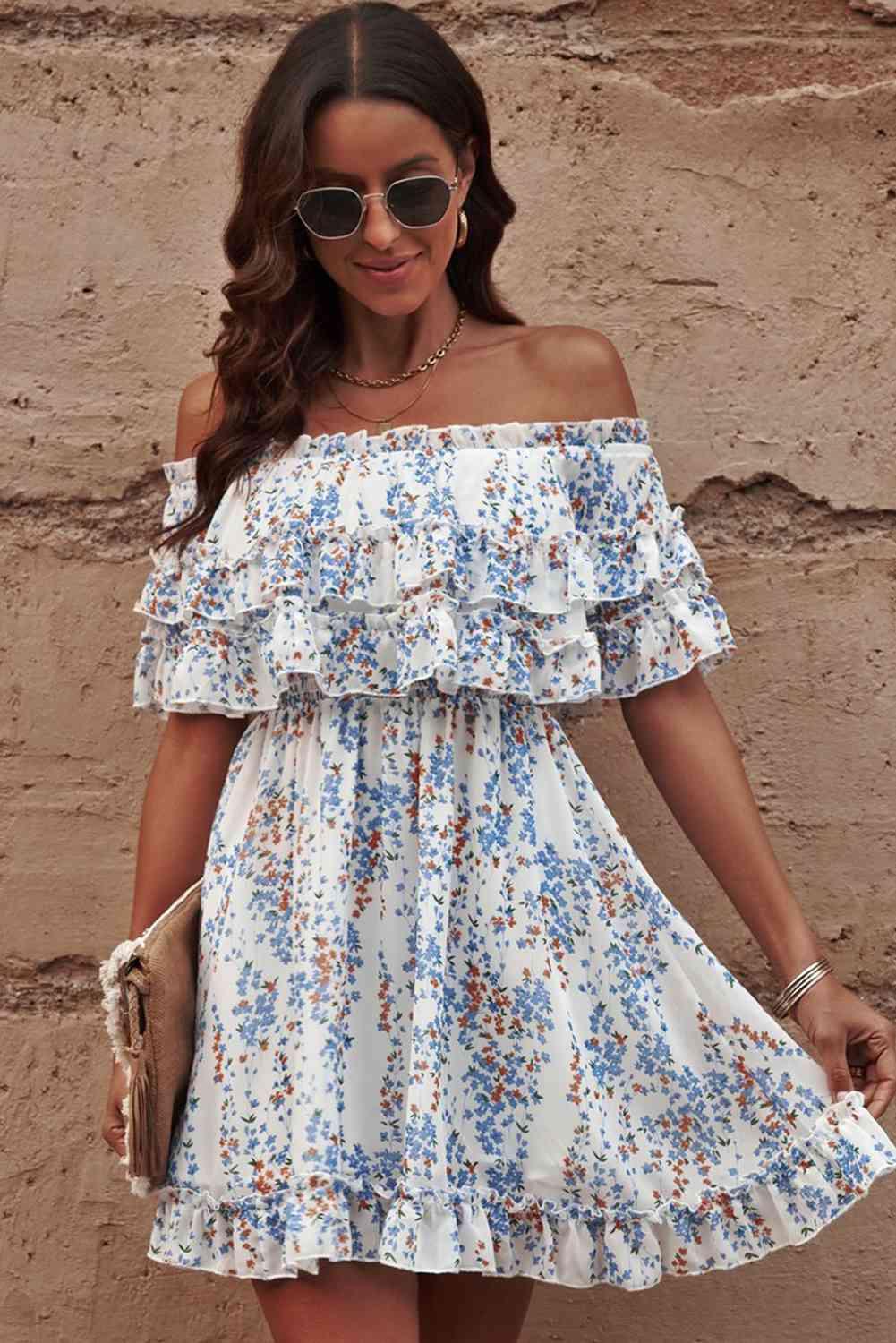 Floral Off-Shoulder Ruffle Hem Dress - Immenzive