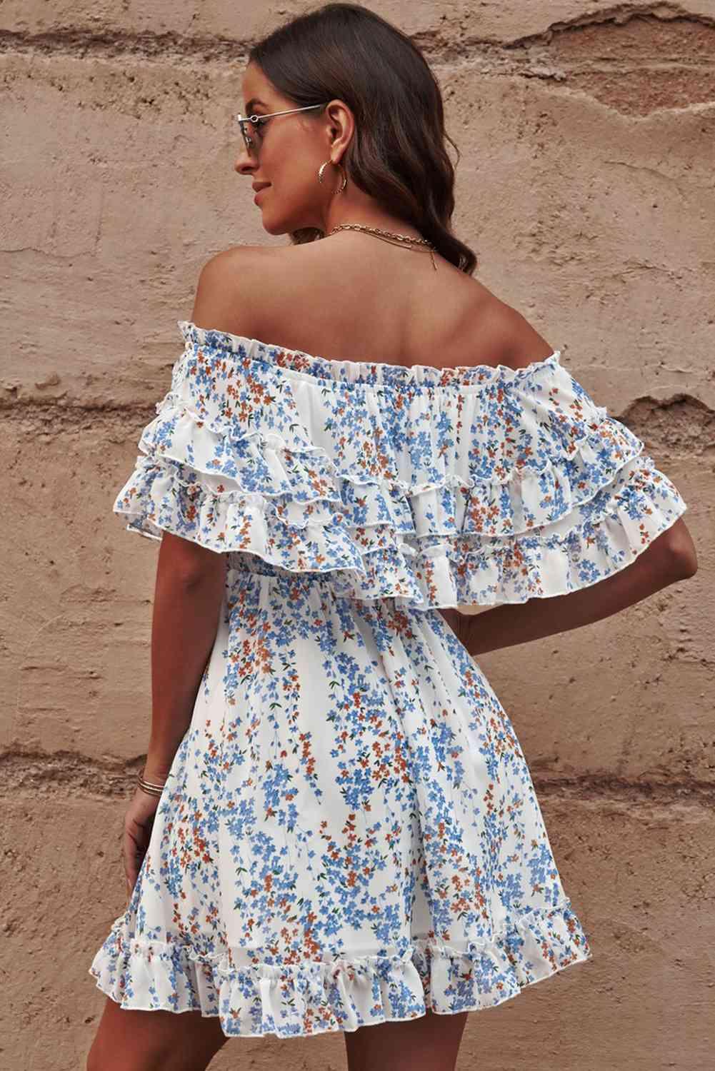 Floral Off-Shoulder Ruffle Hem Dress - Immenzive