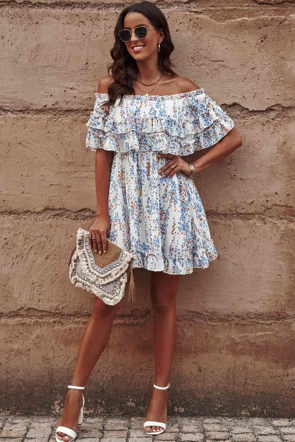 Floral Off-Shoulder Ruffle Hem Dress - Immenzive