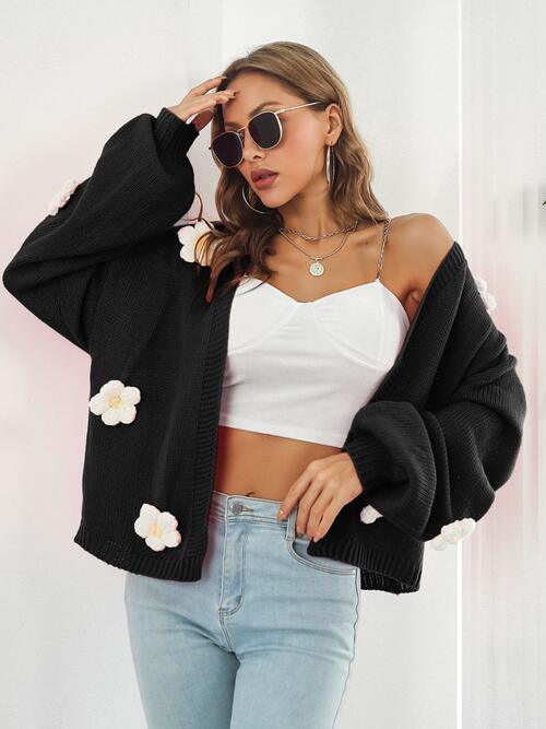 Floral Open Front Long Sleeve Cardigan - Immenzive