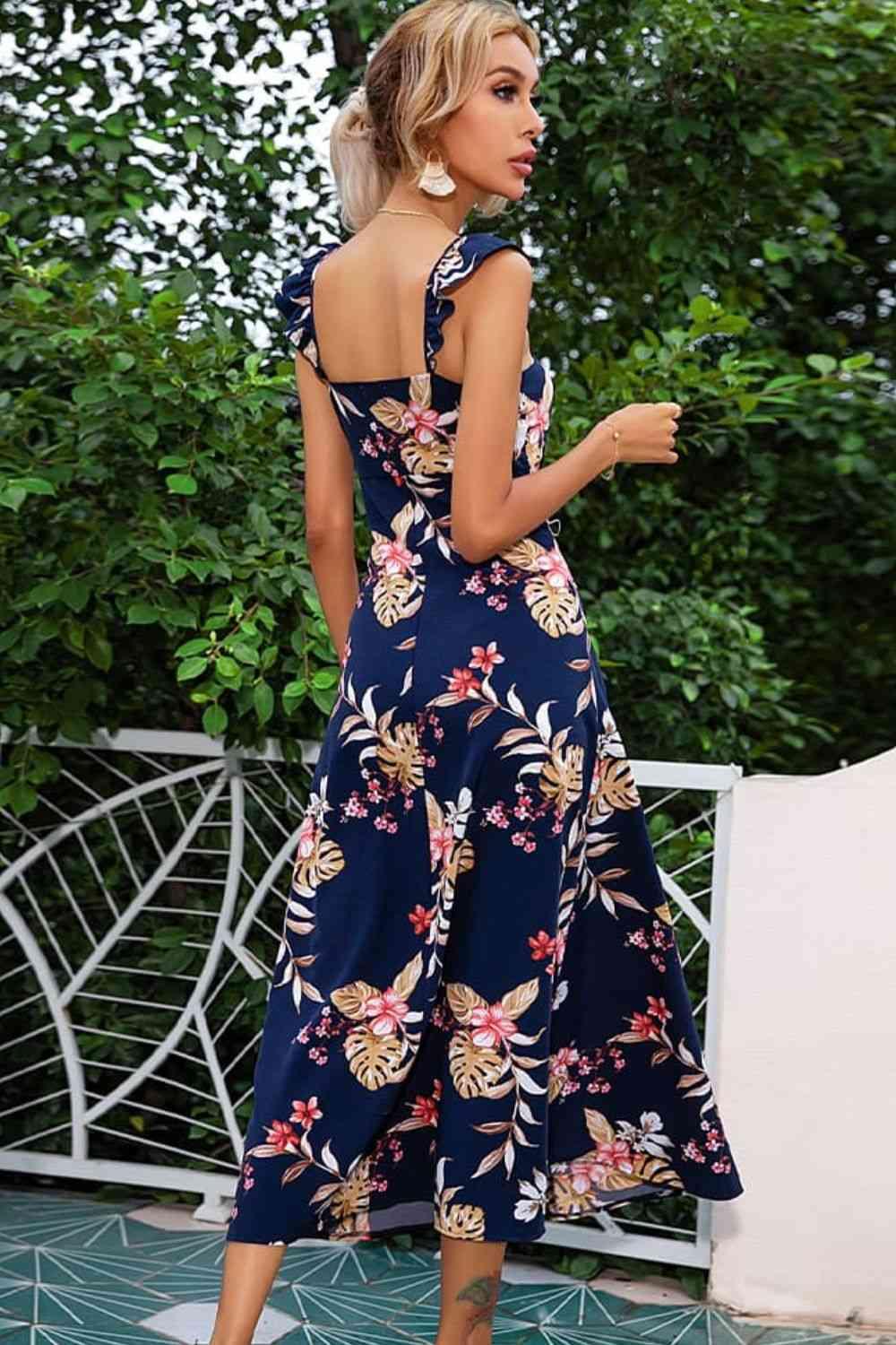 Floral Print Sleeveless Square Neck Slit Midi Dress - Immenzive