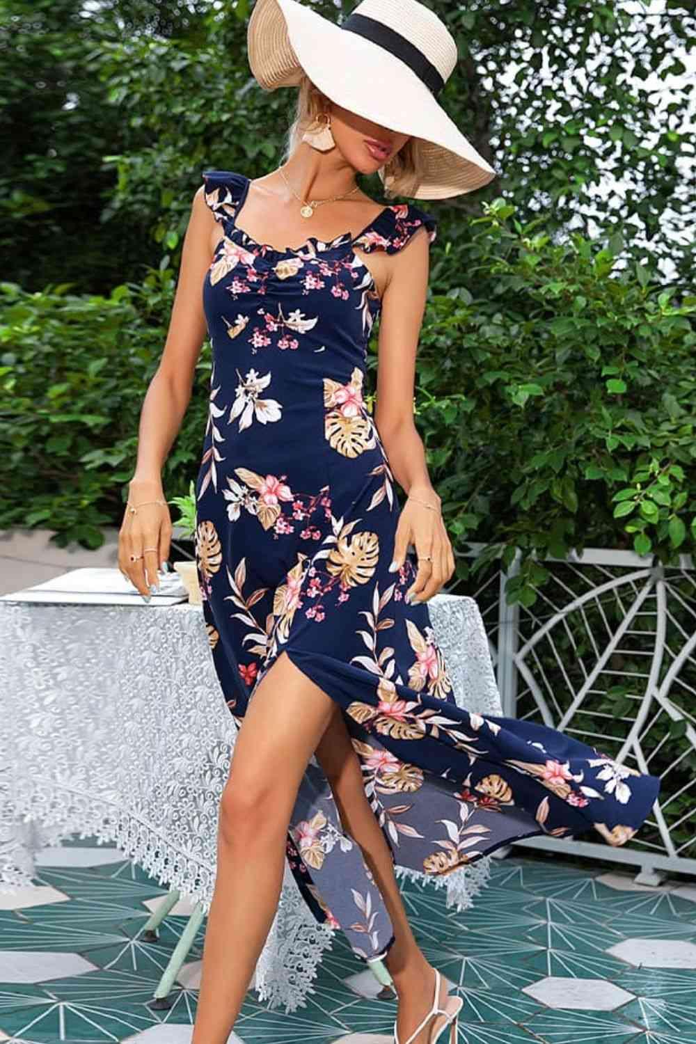 Floral Print Sleeveless Square Neck Slit Midi Dress - Immenzive