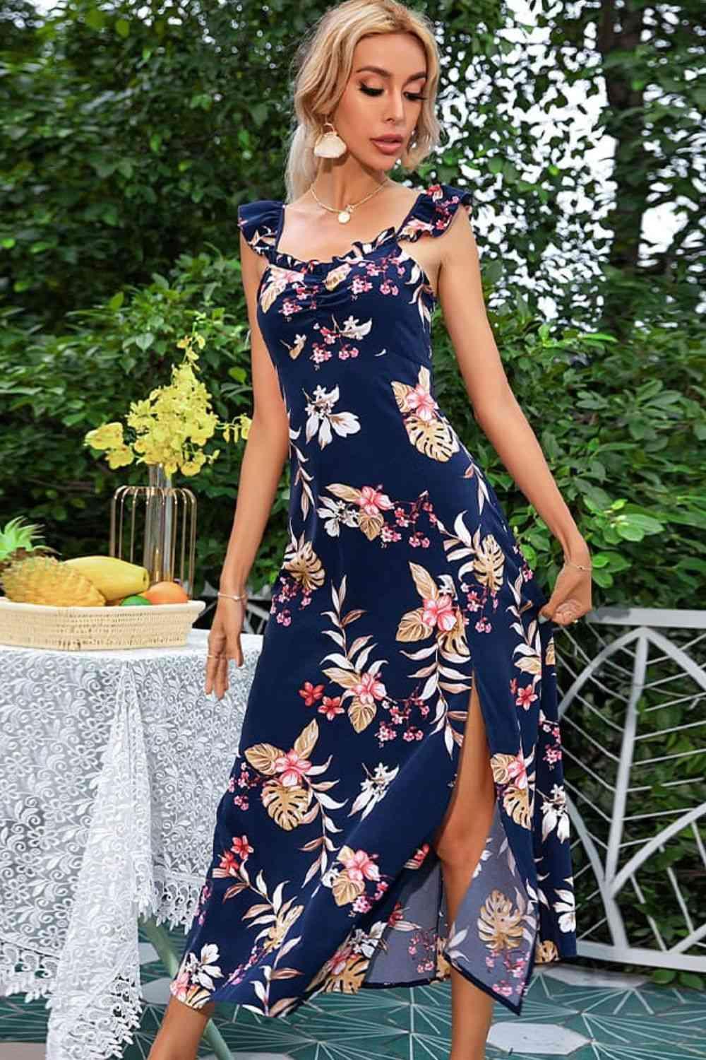 Floral Print Sleeveless Square Neck Slit Midi Dress - Immenzive