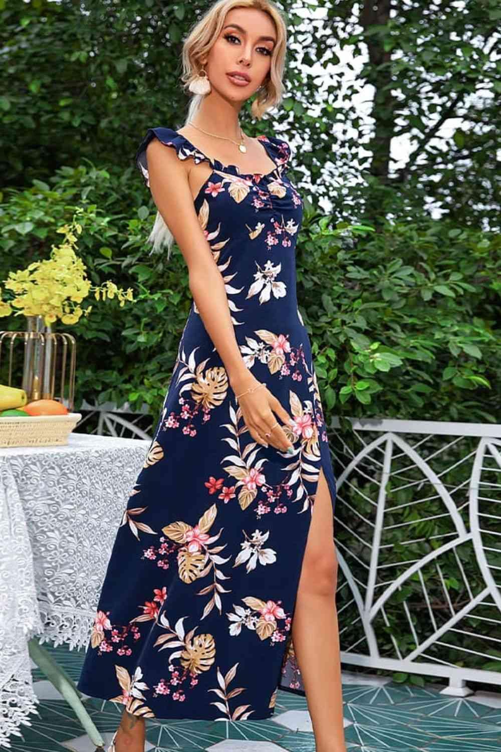 Floral Print Sleeveless Square Neck Slit Midi Dress - Immenzive