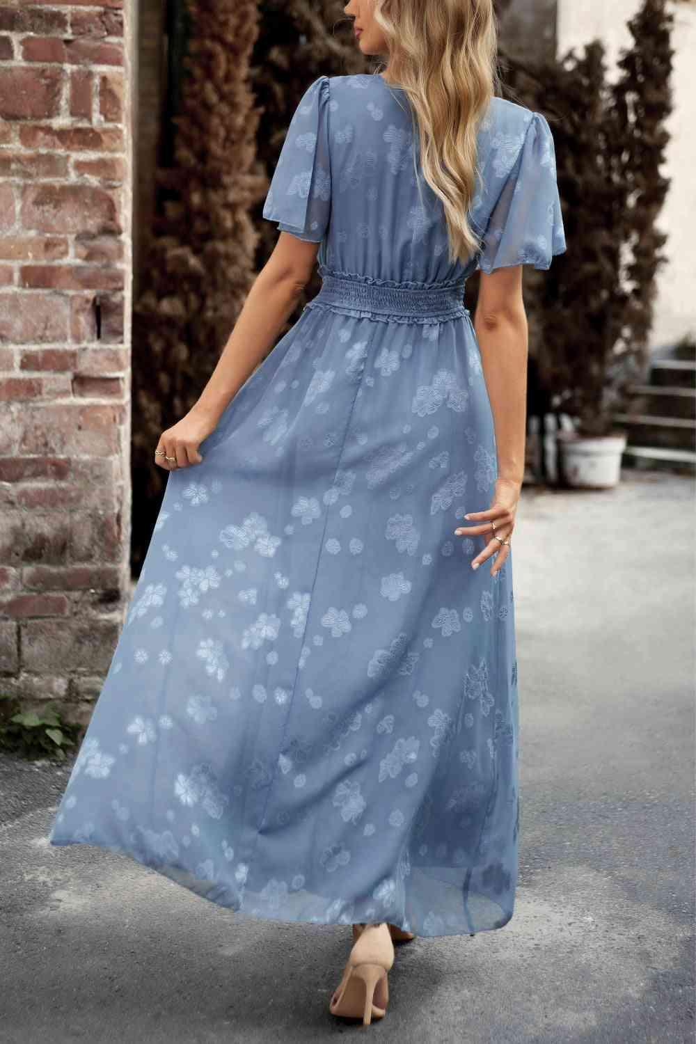 Floral Print V-Neck Smocked Waist High Slit Maxi Dress - Immenzive