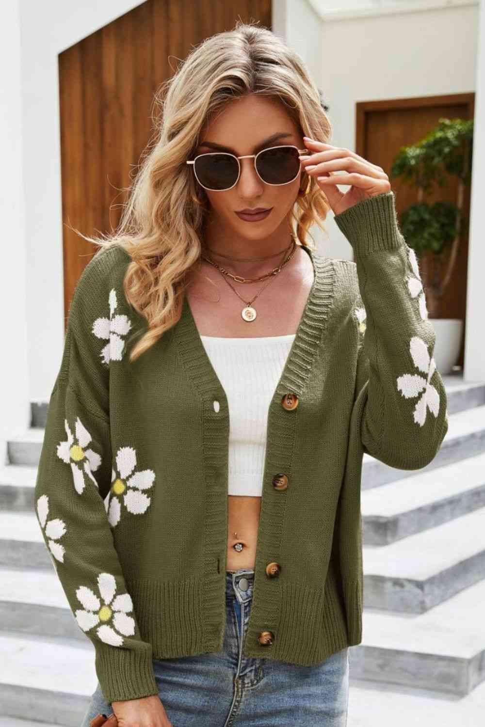 Floral Ribbed Trim Drop Shoulder Cardigan - Immenzive