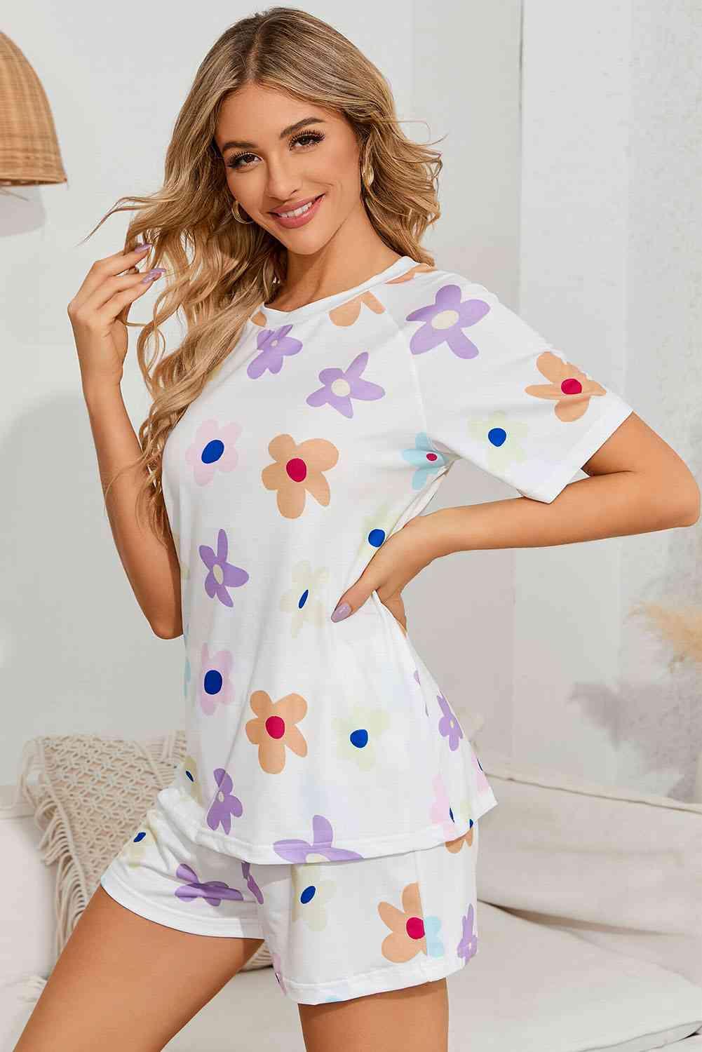 Floral Round Neck Raglan Sleeve Top and Shorts Lounge Set - Immenzive