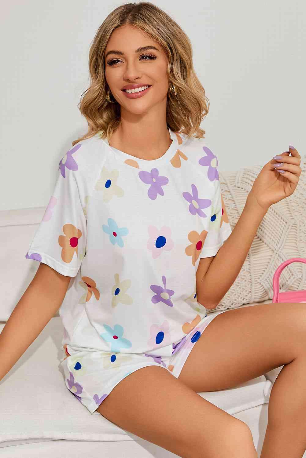 Floral Round Neck Raglan Sleeve Top and Shorts Lounge Set - Immenzive