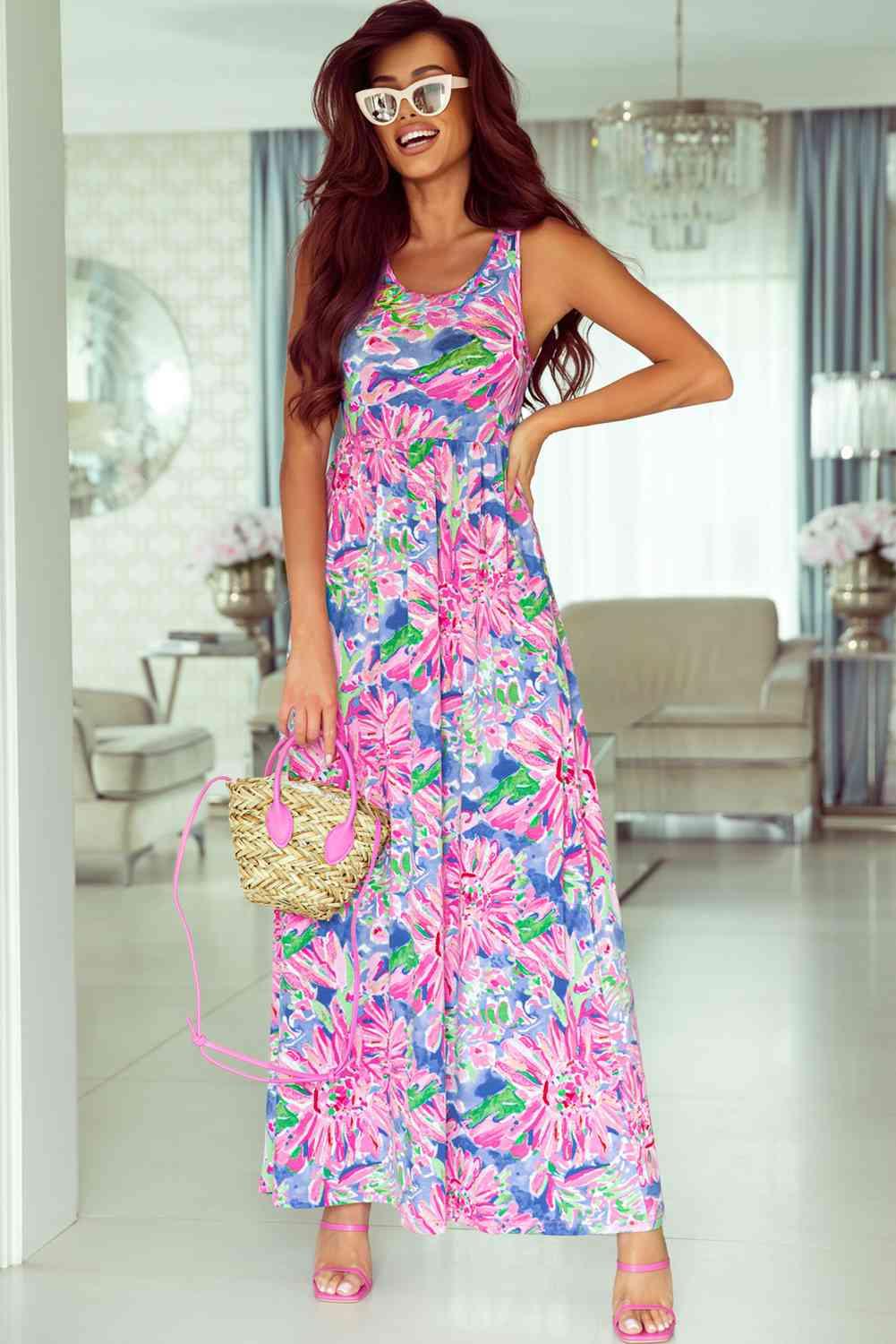 Floral Round Neck Sleeveless Dress - Immenzive