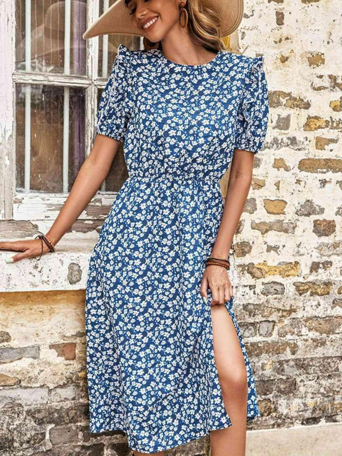 Floral Round Neck Split Midi Dress - Immenzive