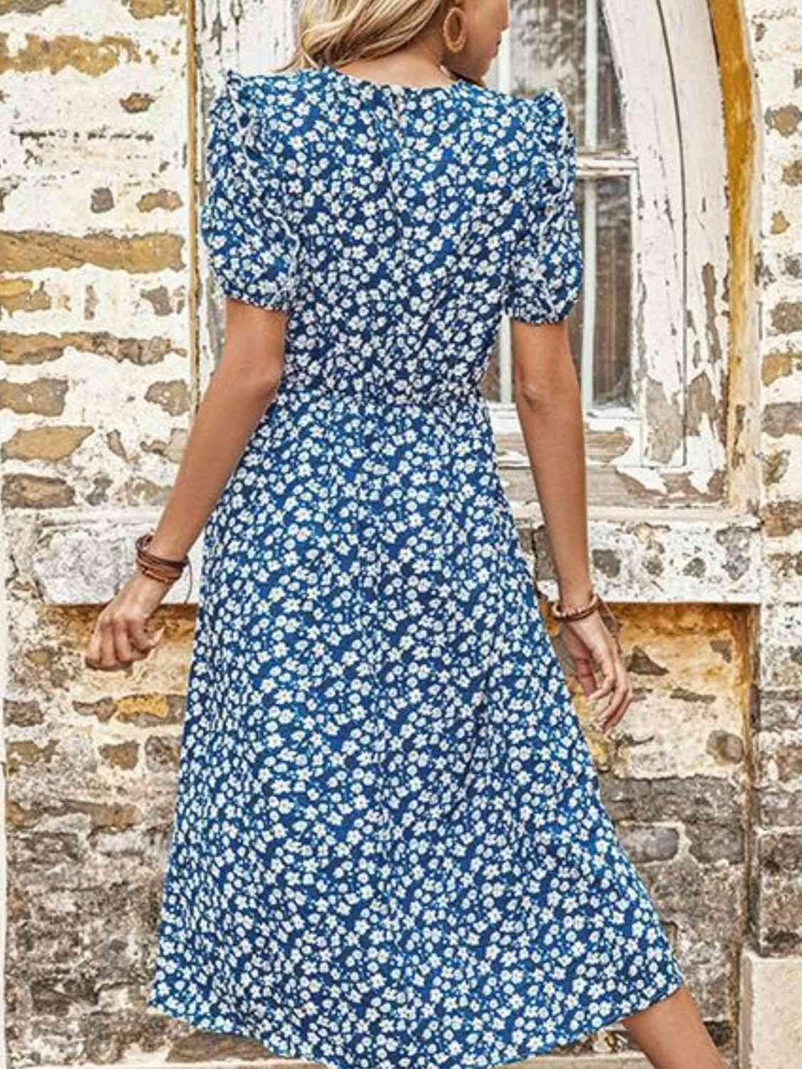 Floral Round Neck Split Midi Dress - Immenzive