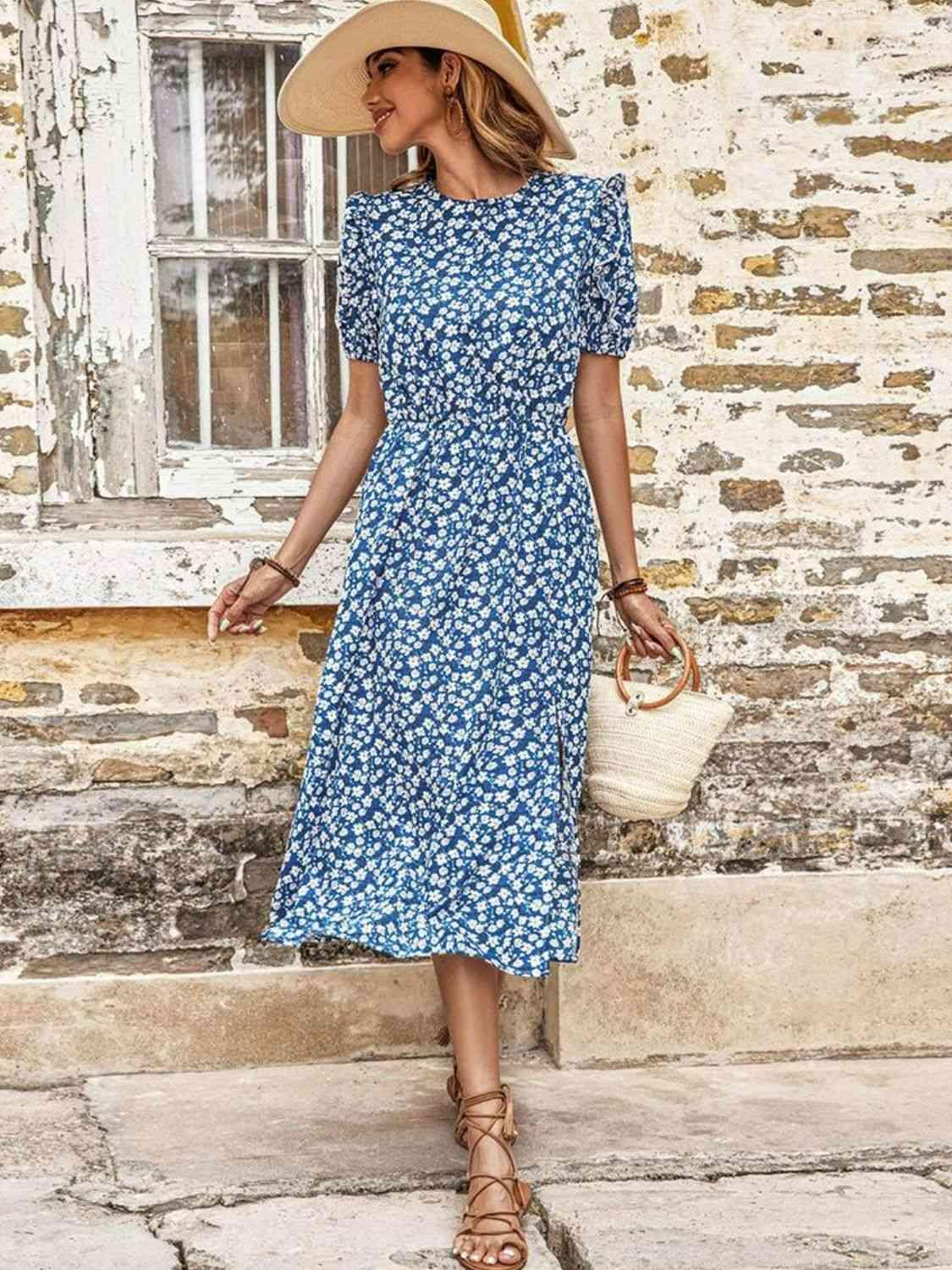 Floral Round Neck Split Midi Dress - Immenzive
