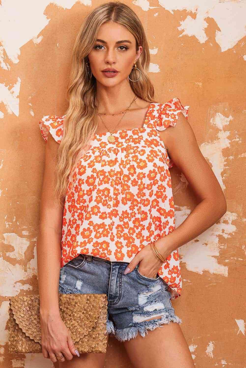 Floral Square Neck Cap Sleeve Tank - Immenzive