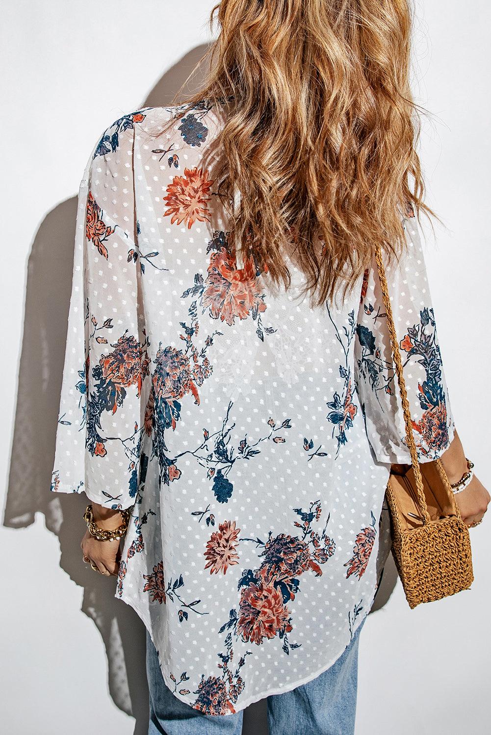 Floral Three-Quarter Sleeve Open Front Cardigan - Immenzive