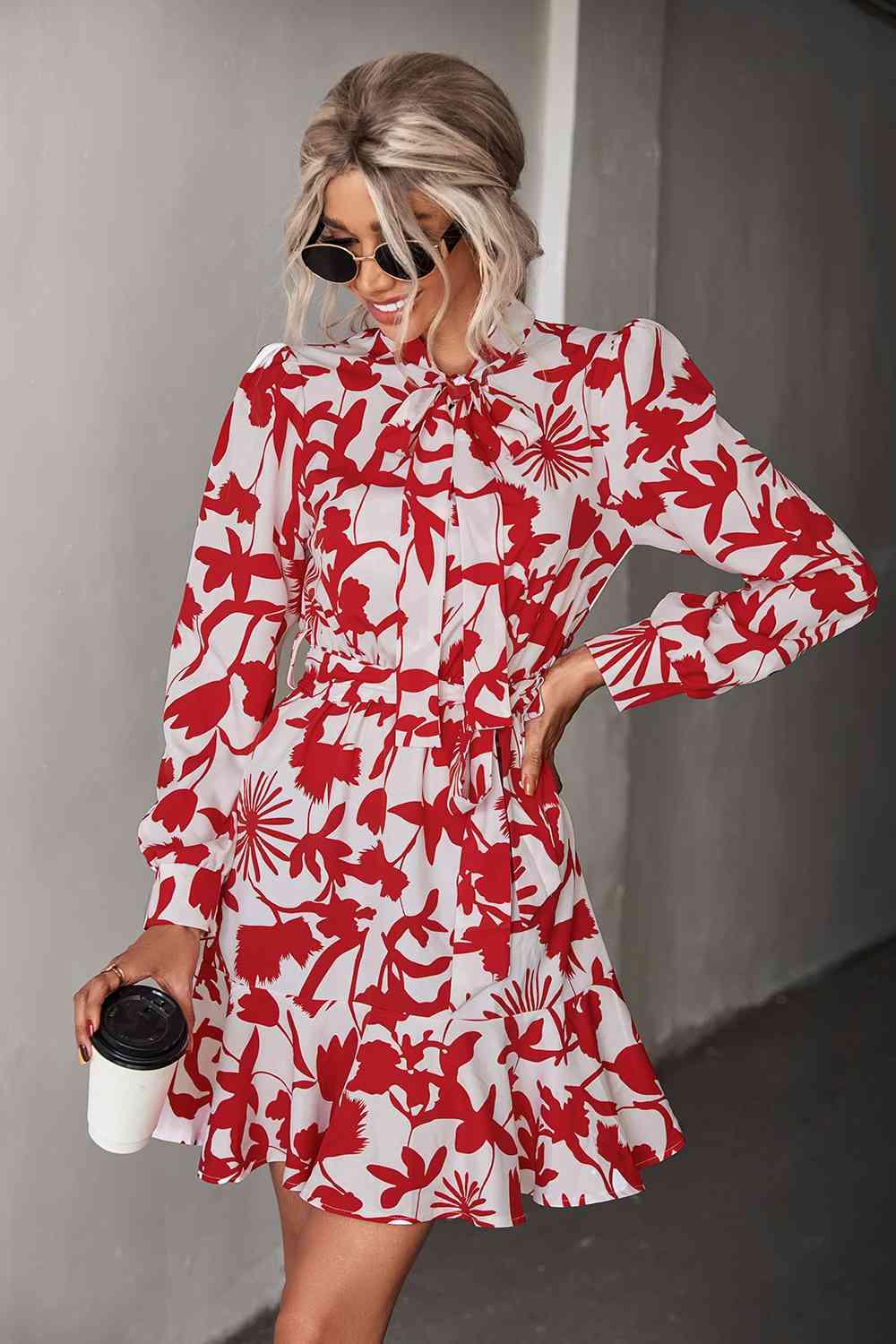 Floral Tie Neck Belted Puff Sleeve Dress - Immenzive