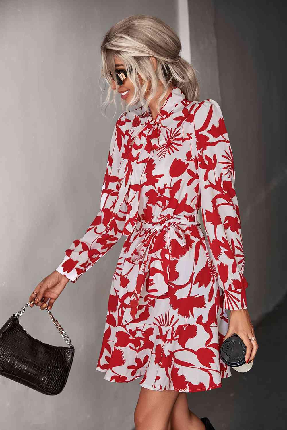 Floral Tie Neck Belted Puff Sleeve Dress - Immenzive