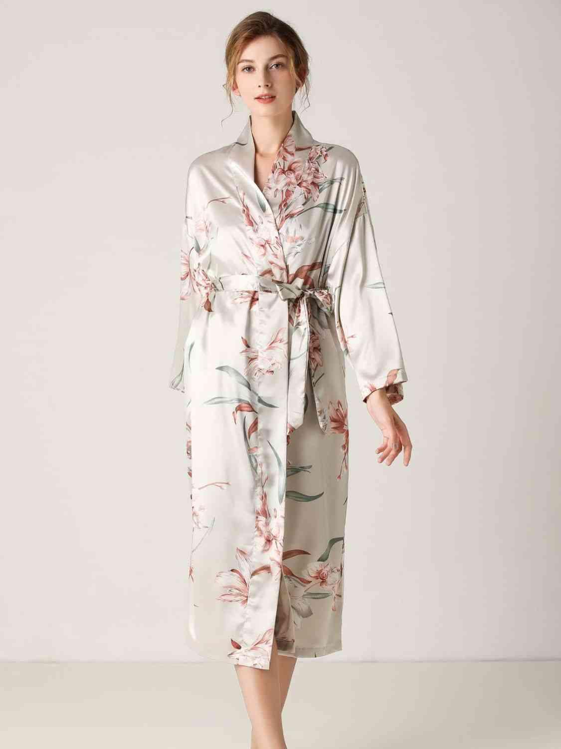 Floral Tie Waist Long Sleeve Robe - Immenzive