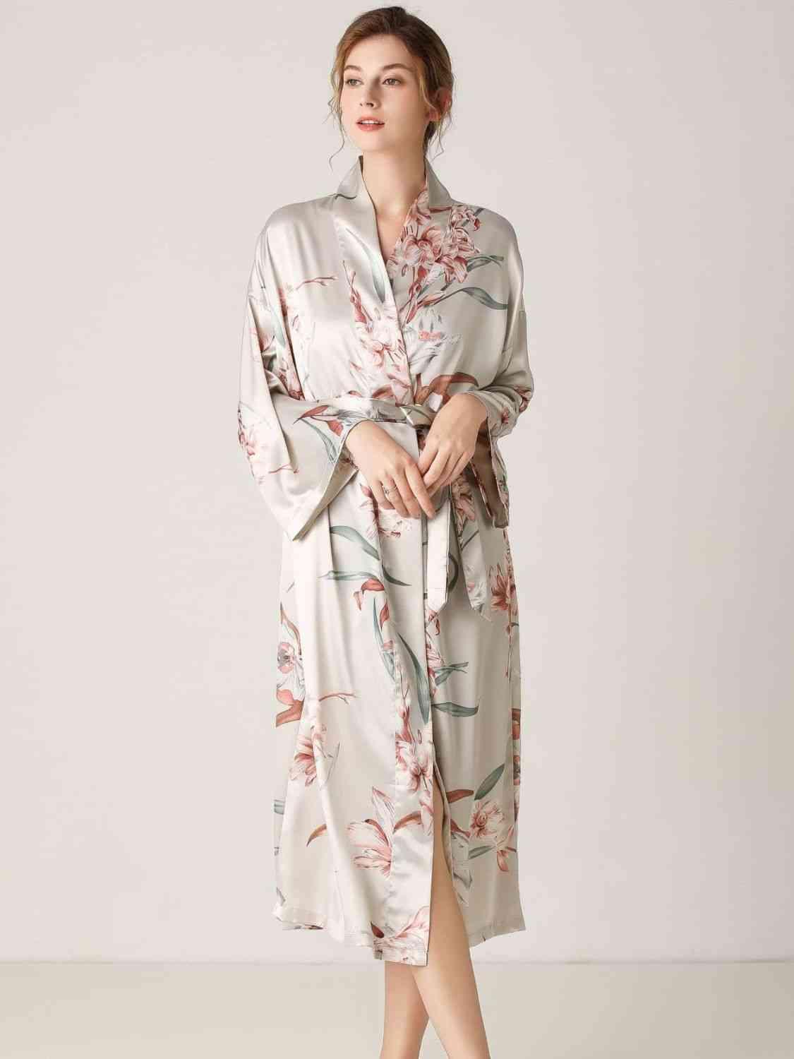 Floral Tie Waist Long Sleeve Robe - Immenzive