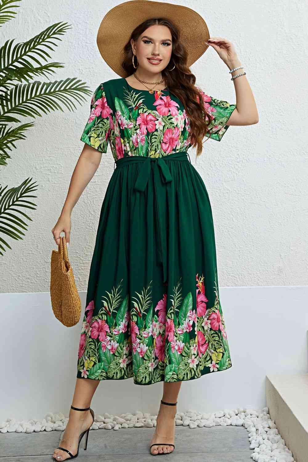 Floral Tie-Waist Round Neck Dress - Immenzive