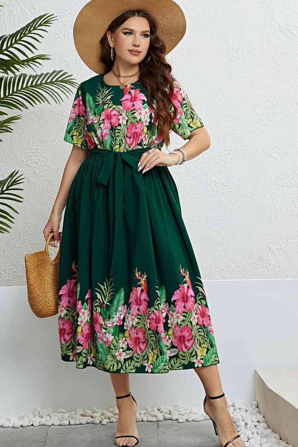 Floral Tie-Waist Round Neck Dress - Immenzive