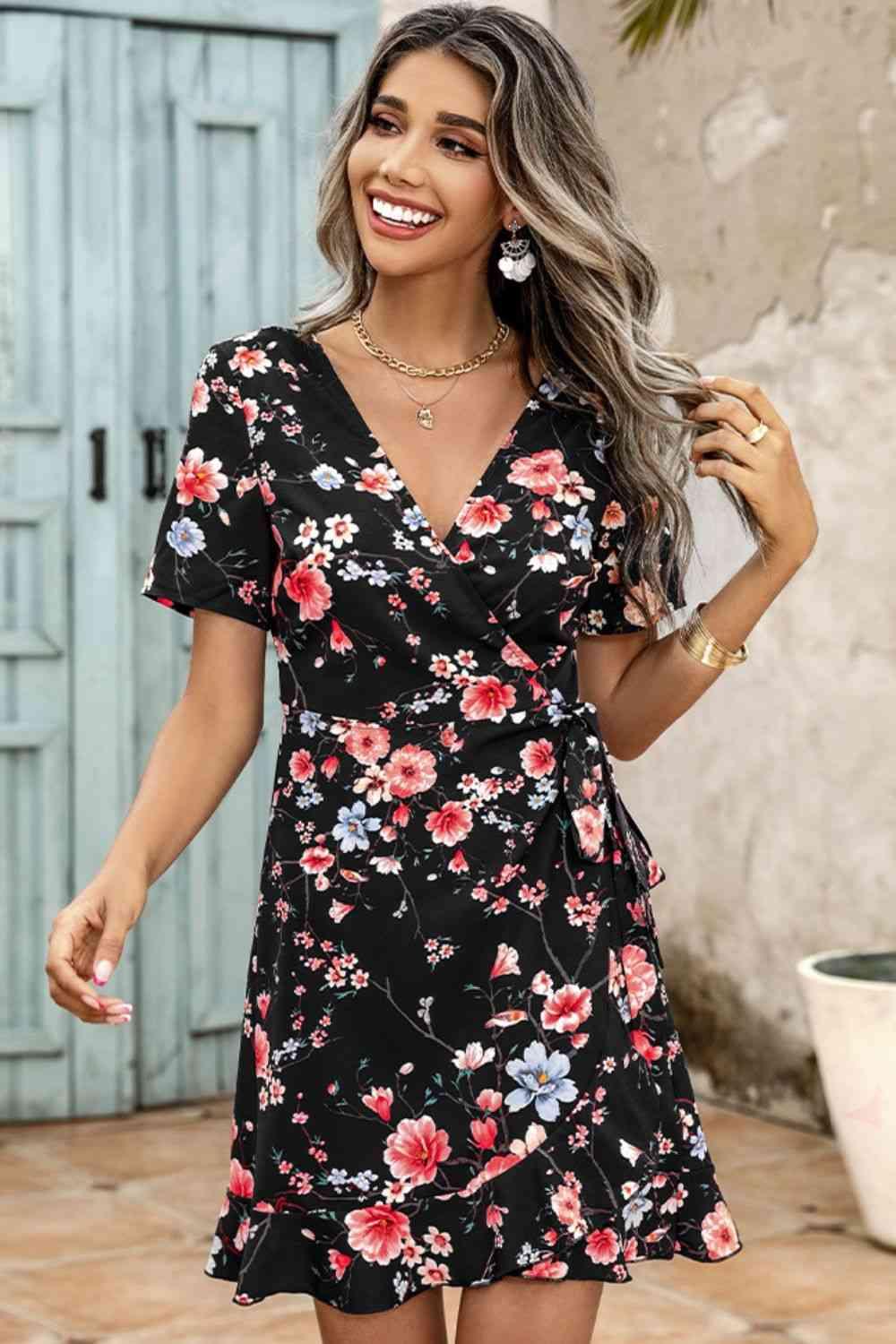 Floral Tied Ruffle Hem Surplice Dress - Immenzive