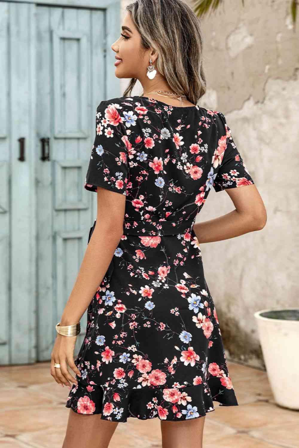 Floral Tied Ruffle Hem Surplice Dress - Immenzive