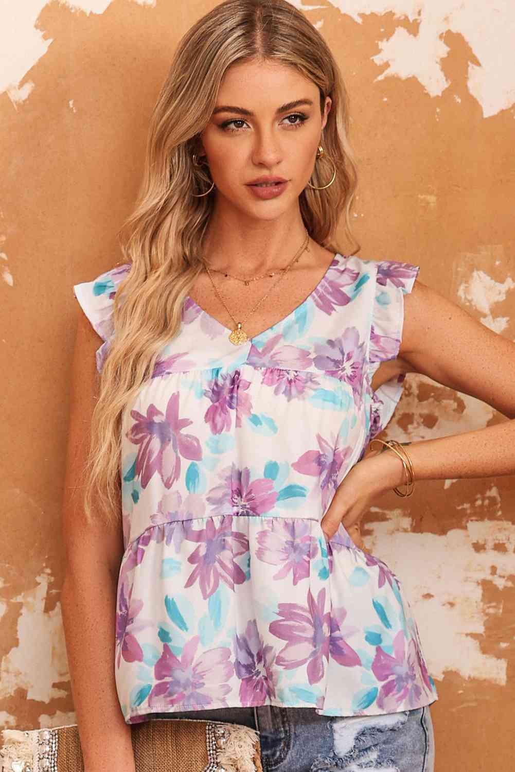 Floral V-Neck Peplum Tank - Immenzive