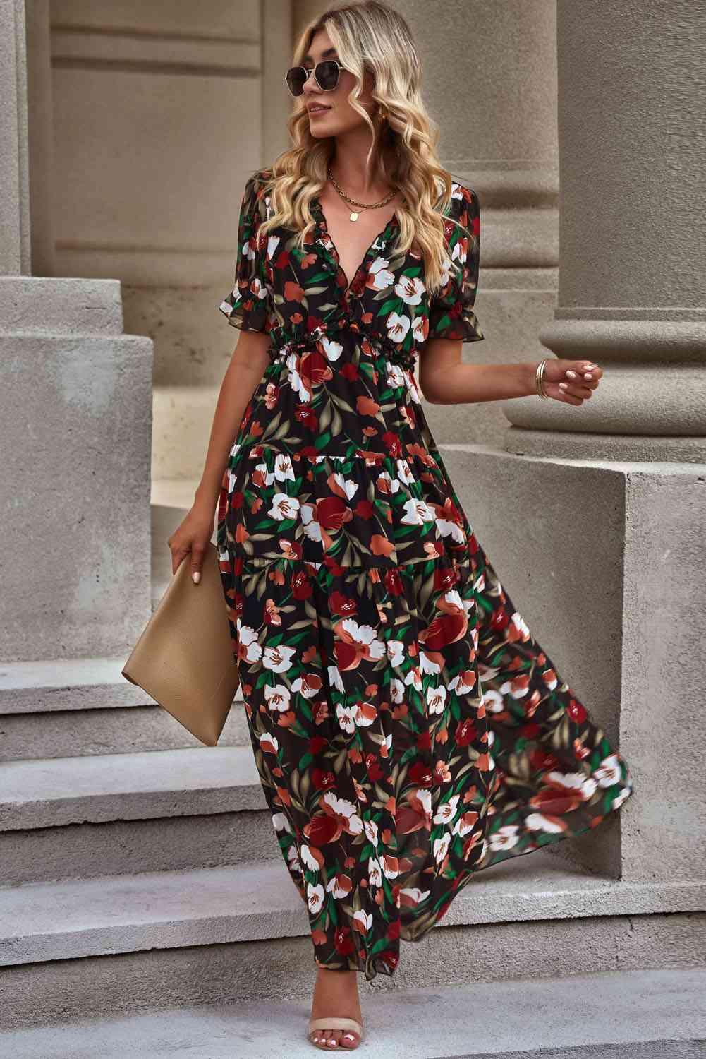 Floral V-Neck Short Flounce Sleeve Dress - Immenzive