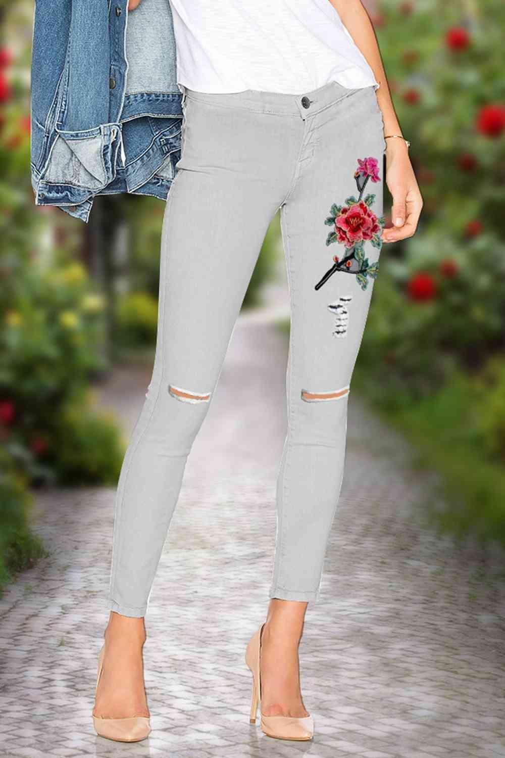 Flower Embroidery Cutout Jeans - Immenzive