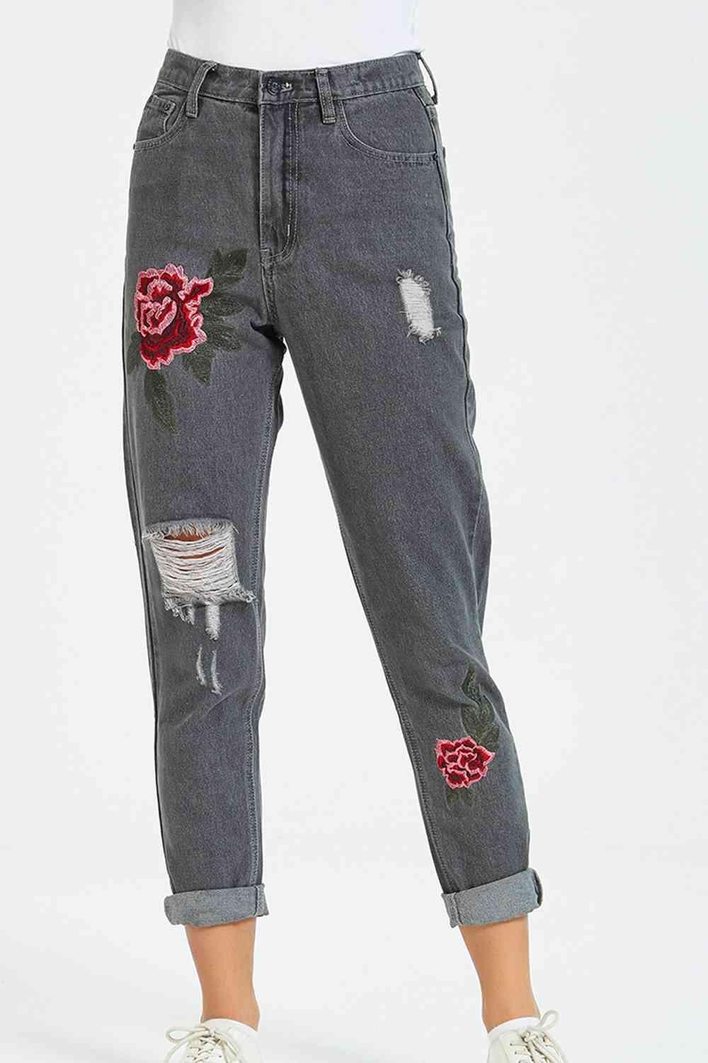 Flower Embroidery Distressed Jeans - Immenzive