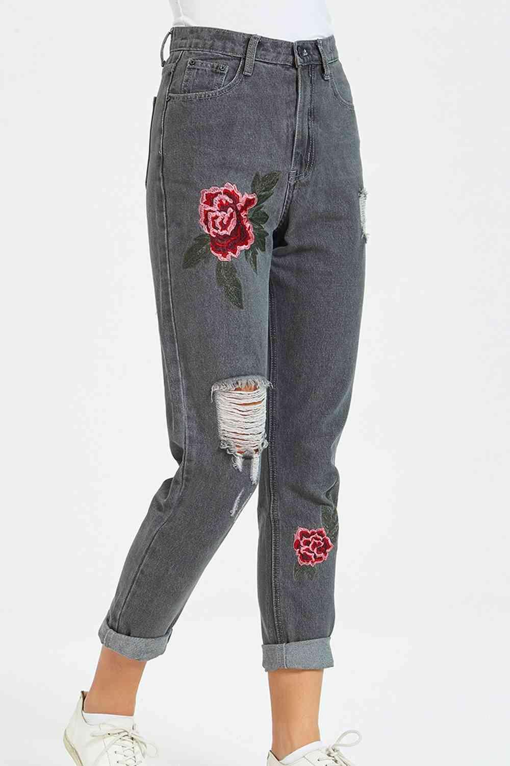 Flower Embroidery Distressed Jeans - Immenzive