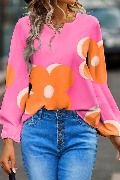 Flower Notched Balloon Sleeve Blouse - Immenzive