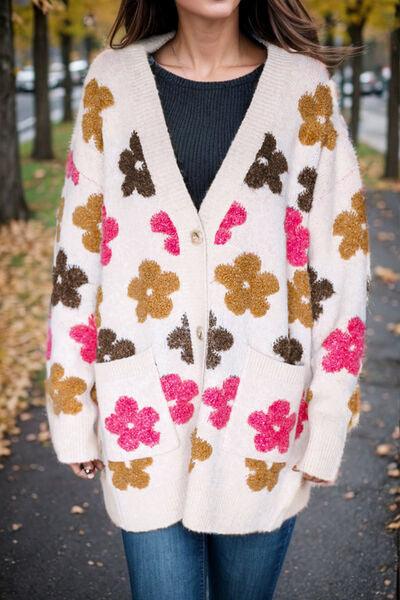 Flower Pattern Button Up Cardigan with Pockets - Immenzive