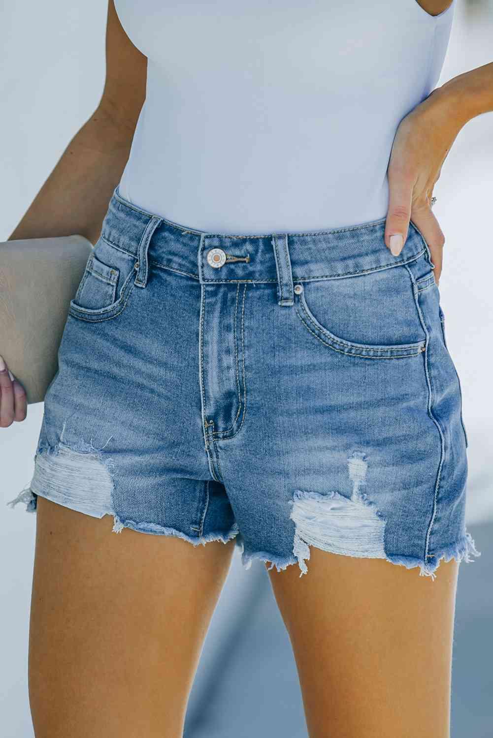Frayed Hem Distressed Denim Shorts with Pockets - Immenzive