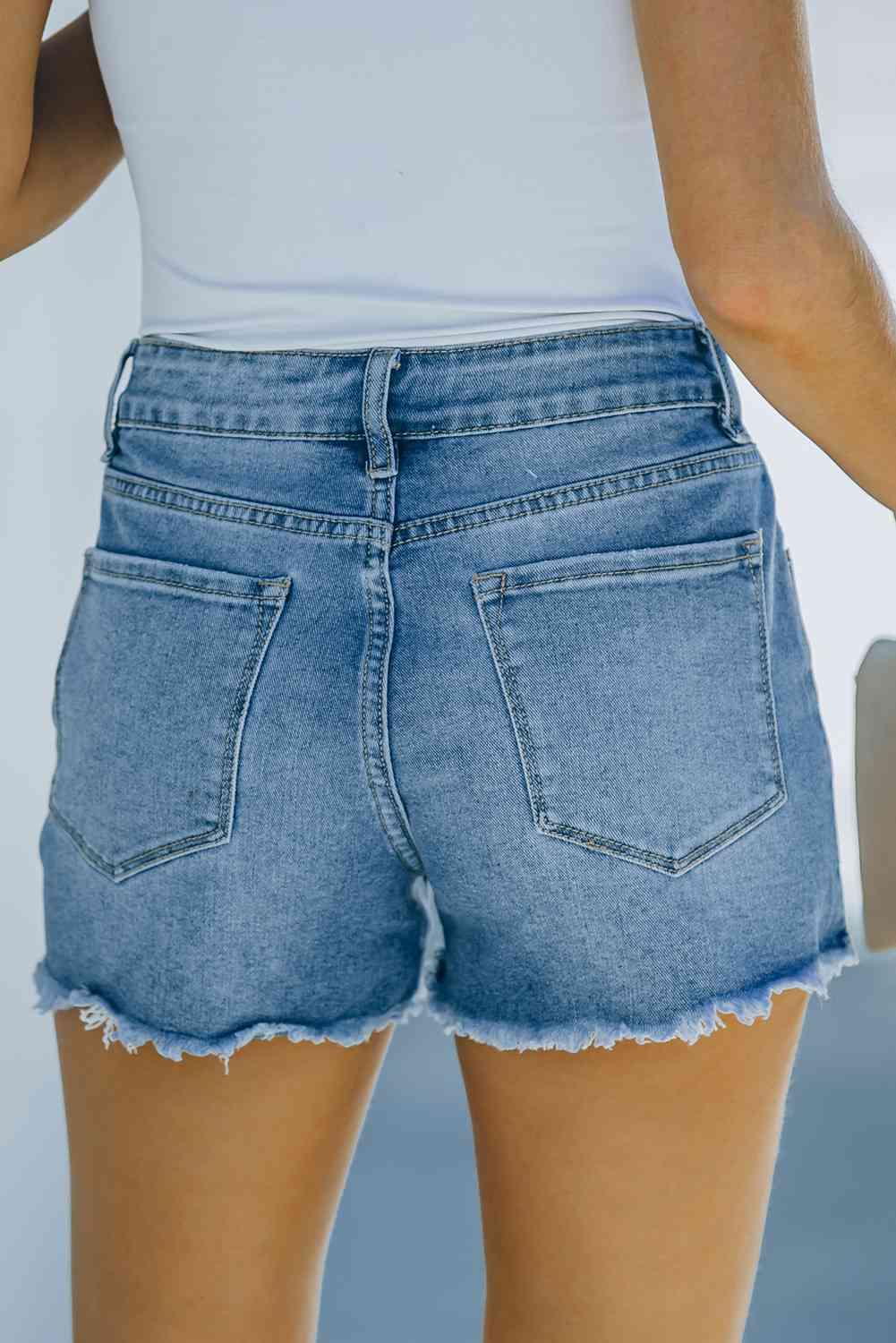 Frayed Hem Distressed Denim Shorts with Pockets - Immenzive