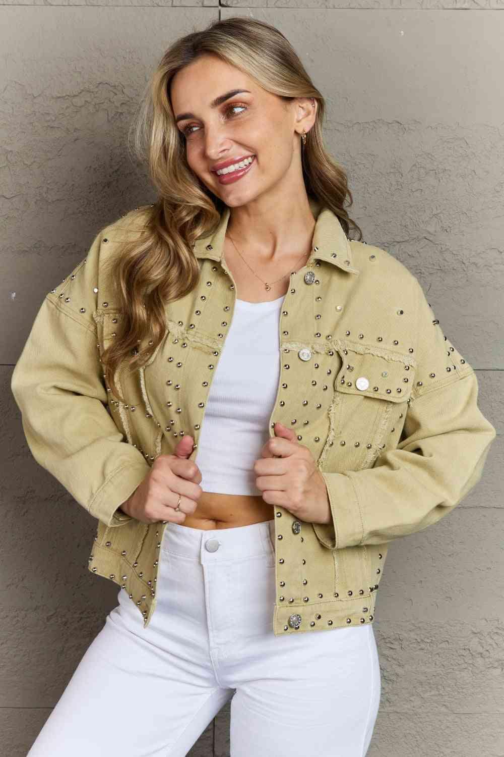 Frayed Trim Rivet Denim Jacket - Immenzive